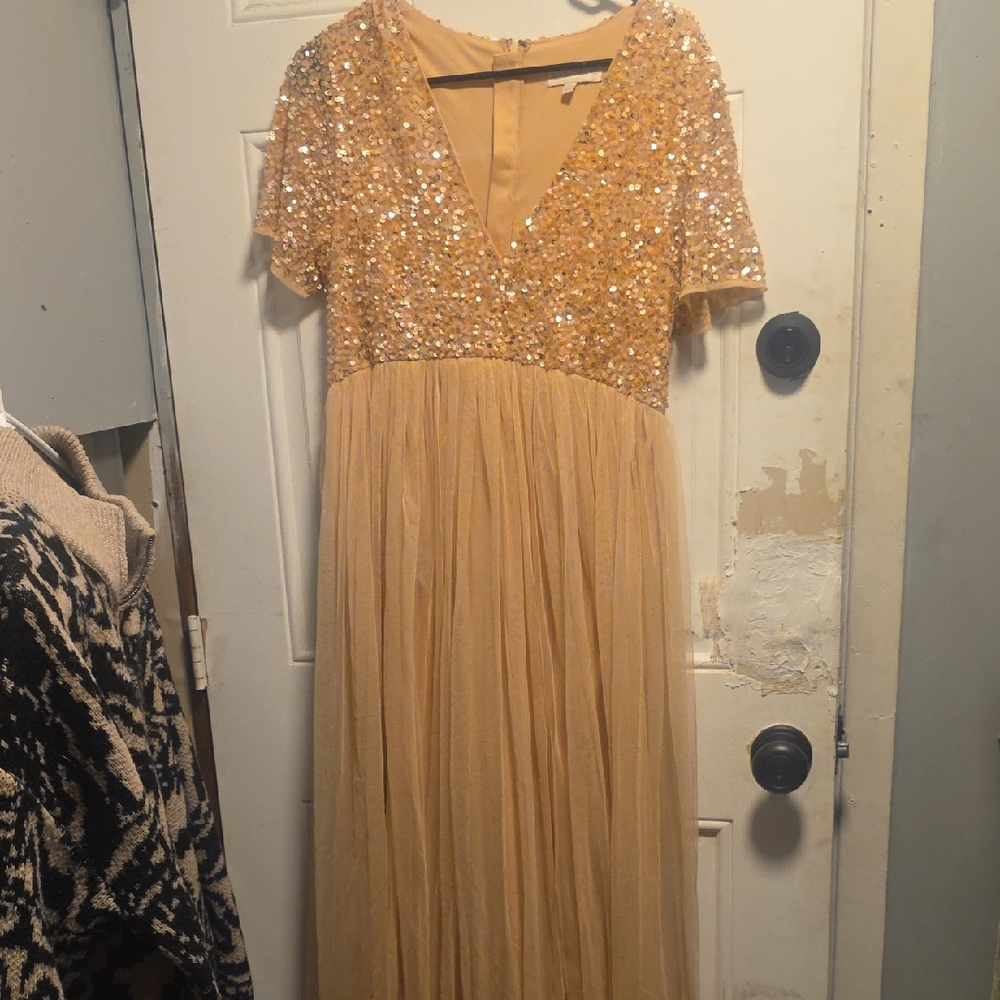 Gold Sequin V-Neck Maxi Dress with Flowing Tulle Skirt